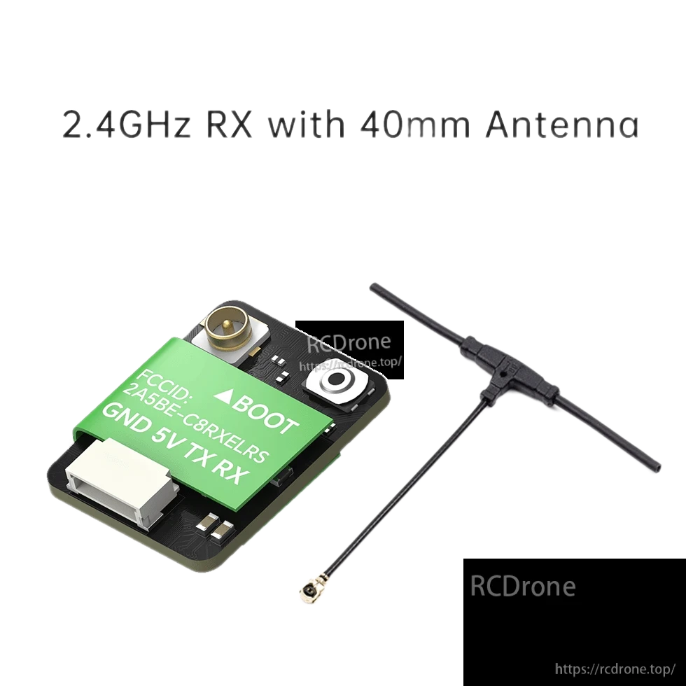 iFlight ExpressLRS ELRS Nano Receiver, iFlight ExpressLRS ELRS 2.4GHz nano receiver board with BOOT button, GND/5V/TX/RX pads, and 40mm antenna