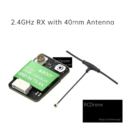 iFlight ExpressLRS ELRS Nano Receiver, iFlight ExpressLRS ELRS 2.4GHz nano receiver board with BOOT button, GND/5V/TX/RX pads, and 40mm antenna