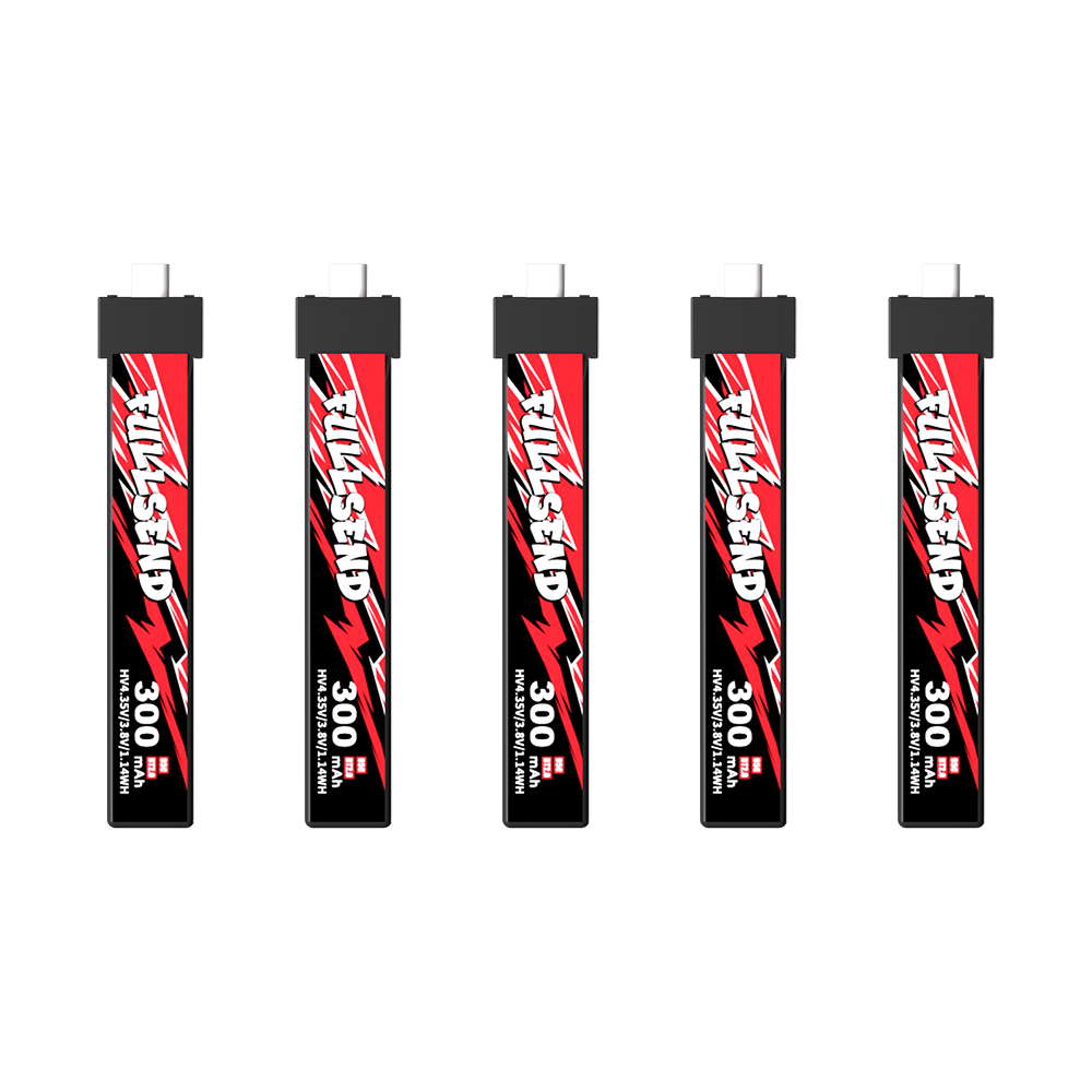 iFlight Fullsend 1S HV 300mAh 95C LIHV Battery, iFlight Fullsend 1S HV 300mAh LiHV stick batteries with red-and-black wrap, shown in a 5-pack