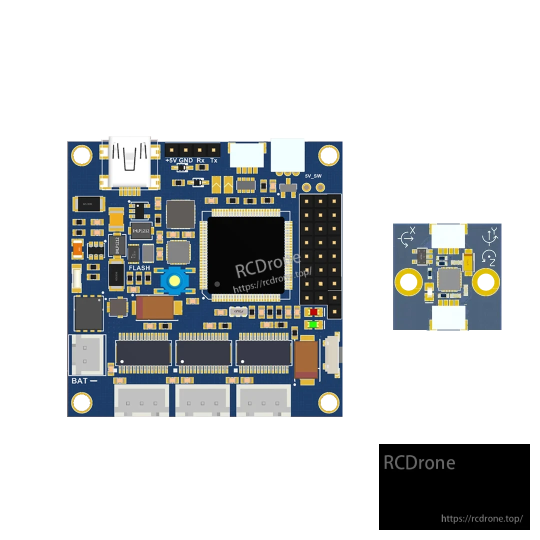 Alexmos 32-bit gimbal controller PCB with USB port, labeled +5V/GND/Rx/Tx header, and separate IMU sensor board