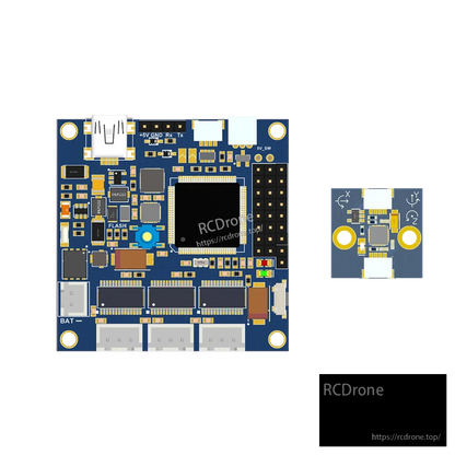 Alexmos 32-bit gimbal controller PCB with USB port, labeled +5V/GND/Rx/Tx header, and separate IMU sensor board