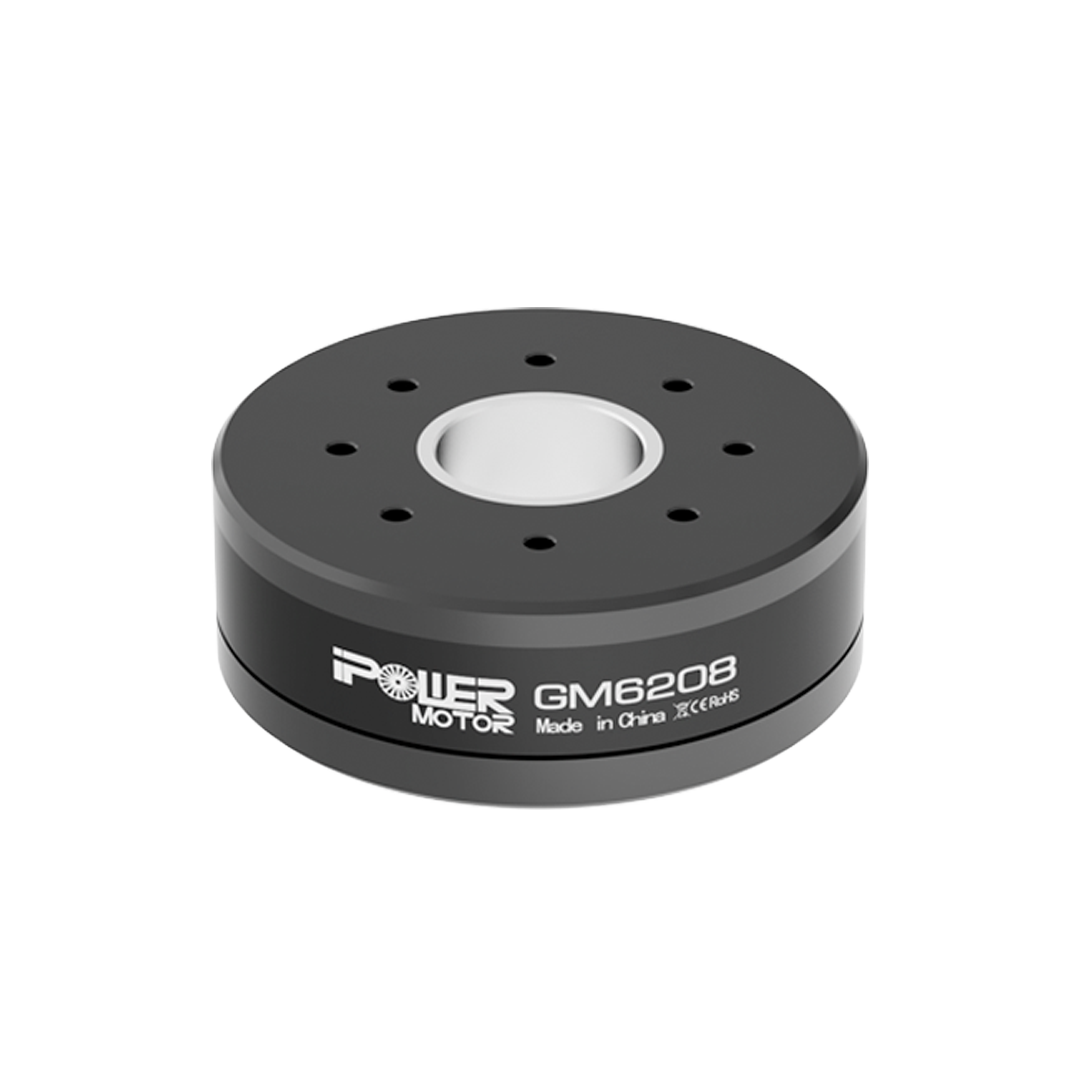 iPower GM6208 gimbal motor in black, round housing with top mounting holes and GM6208 label