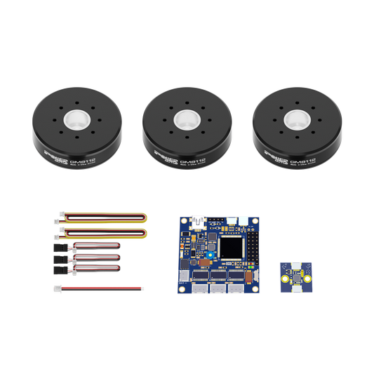 Combo set with three iPower GM8112 gimbal motors, wiring harnesses, and a 3-axis Alexmos 32-bit BGC controller board