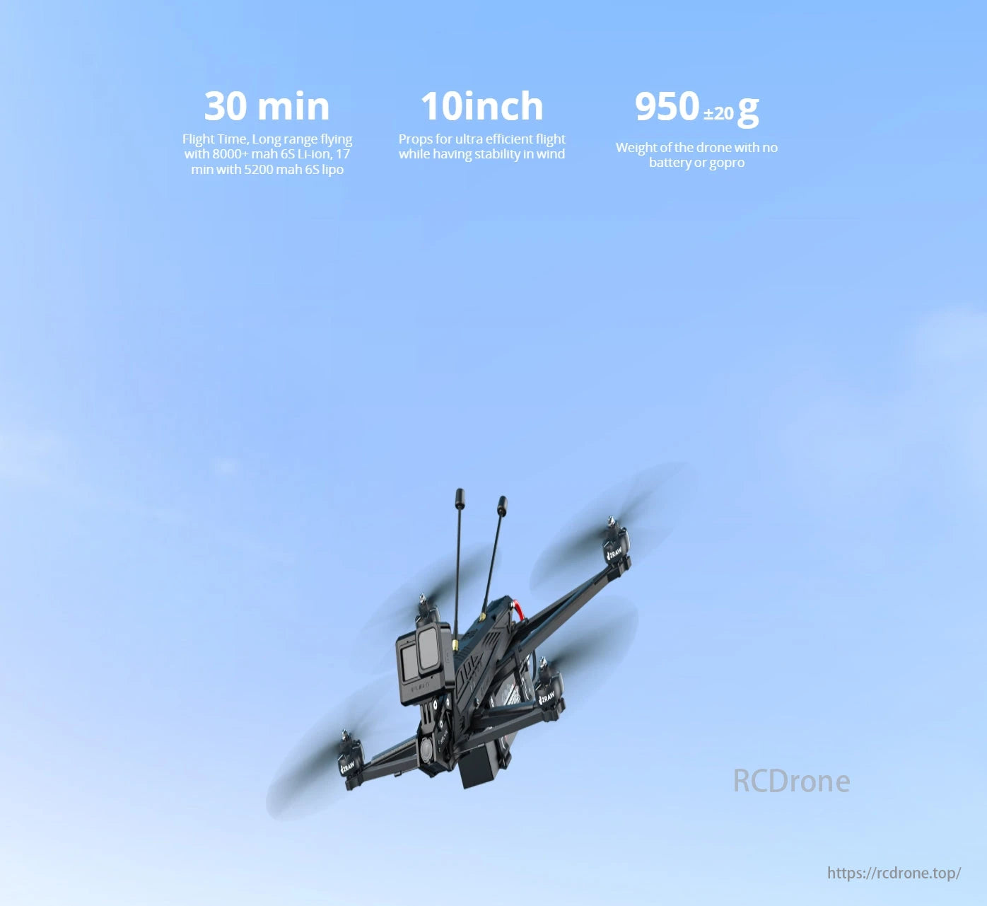 iFlight Helion 10 O4 6S HD 10-Inch Long Range FPV, iFlight Helion 10 O4 6S HD drone provides 30-minute flight time, stability with 10-inch props, and weighs 950 ±20 g (without battery/GoPro).