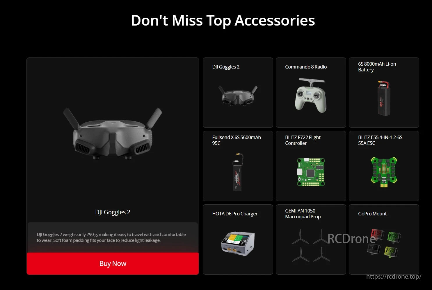 iFlight Helion 10 O4 6S HD 10-Inch Long Range FPV, Top drone accessories include DJI Goggles 2, Commando 8 Radio, batteries, flight controller, ESC, charger, props, and GoPro mount. Buy now.