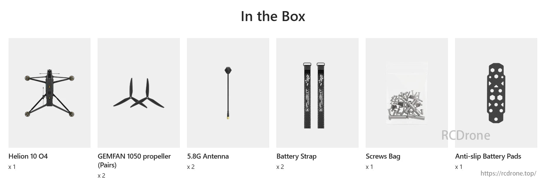 iFlight Helion 10 O4 6S HD 10-Inch Long Range FPV, Helion 10 O4 box includes GEMFAN propellers, 5.8G antennas, battery straps, screws, and anti-slip pads.