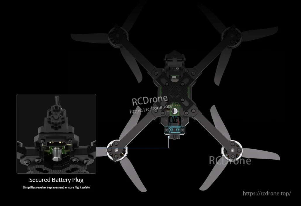 iFlight Mach R5 Sport 6S 5-Inch FPV, Secured Battery Plug simplifies receiver replacement, ensures flight safety.