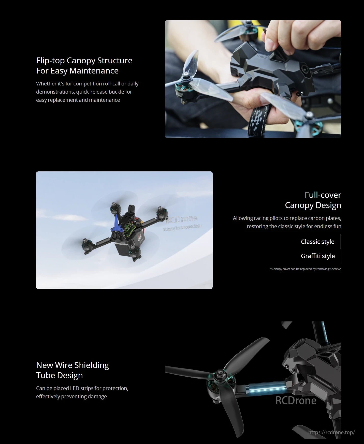 iFlight Mach R5 Sport 6S 5-Inch FPV, The drone features a flip-top canopy, full-cover design, wire shielding, and a sleek, durable build with customizable styles for racing and daily use.