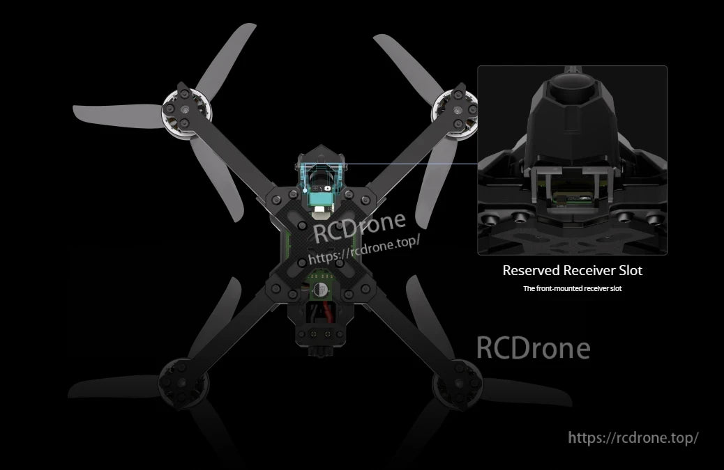 Reserved front-mounted receiver slot on the iFlight Mach R5 Sport 6S 5-inch FPV drone.