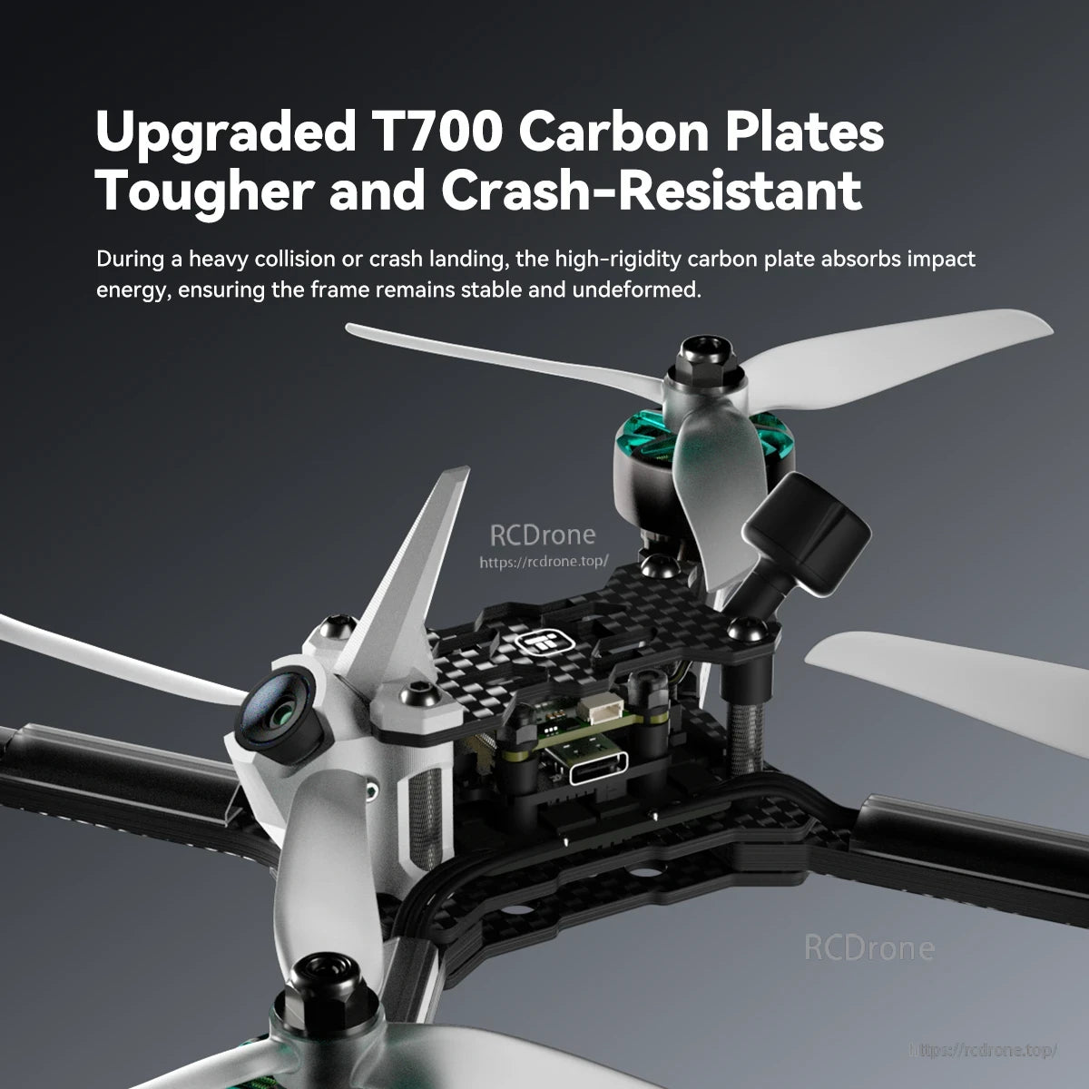 iFlight Mach R5 Ultra 6S Analog FPV, Close-up of iFlight Mach R5 Ultra FPV drone frame with T700 carbon plates, analog camera and USB-C port