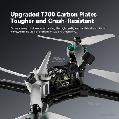 iFlight Mach R5 Ultra 6S Analog FPV, Close-up of iFlight Mach R5 Ultra FPV drone frame with T700 carbon plates, analog camera and USB-C port
