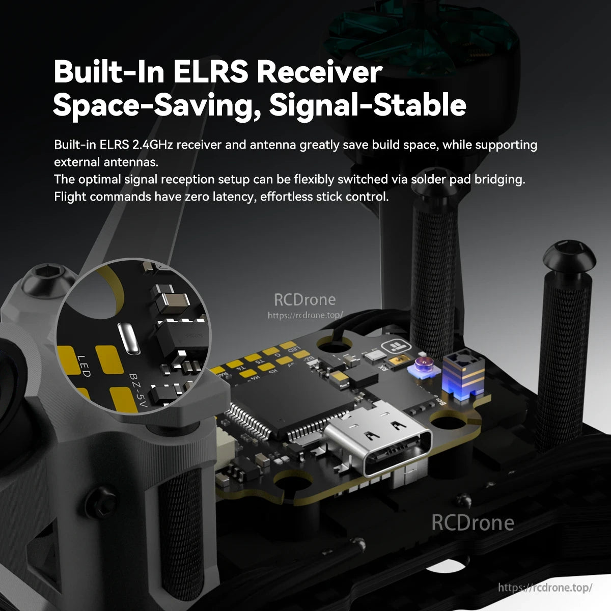 iFlight Mach R5 Ultra 6S Analog FPV, Close-up of iFlight Mach R5 Ultra FPV flight controller board with built-in ELRS receiver and USB-C port