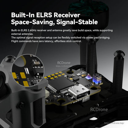 iFlight Mach R5 Ultra 6S Analog FPV, Close-up of iFlight Mach R5 Ultra FPV flight controller board with built-in ELRS receiver and USB-C port