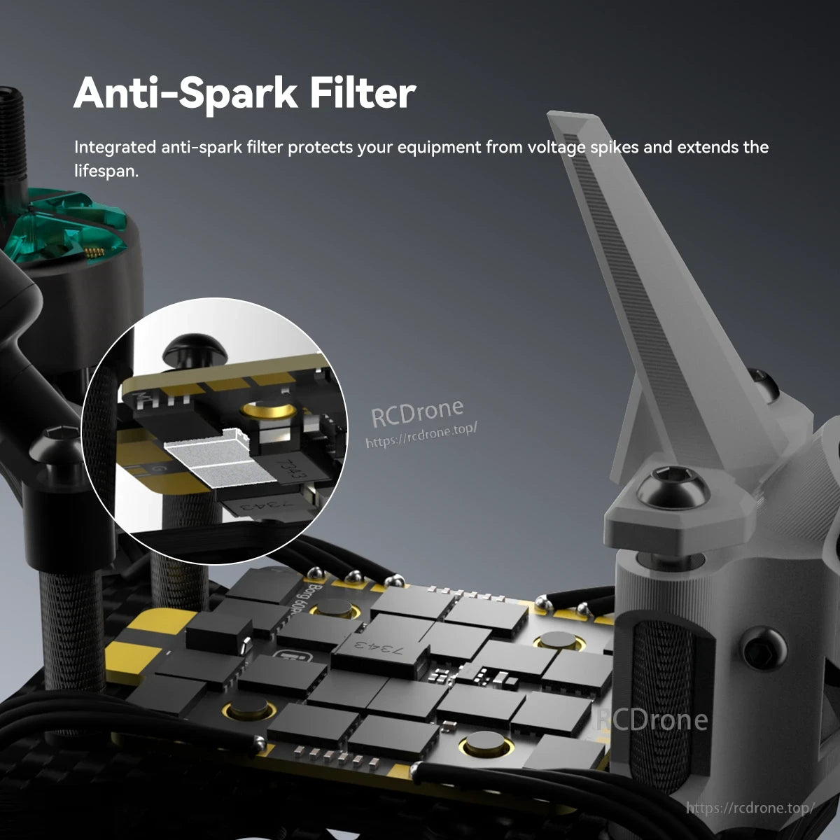 iFlight Mach R5 Ultra 6S Analog FPV, Close-up of iFlight Mach R5 Ultra FPV drone electronics showing the integrated anti-spark filter module