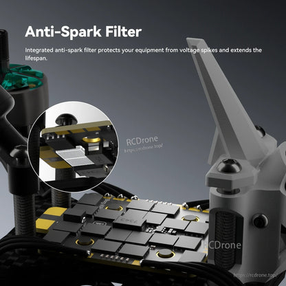 iFlight Mach R5 Ultra 6S Analog FPV, Close-up of iFlight Mach R5 Ultra FPV drone electronics showing the integrated anti-spark filter module