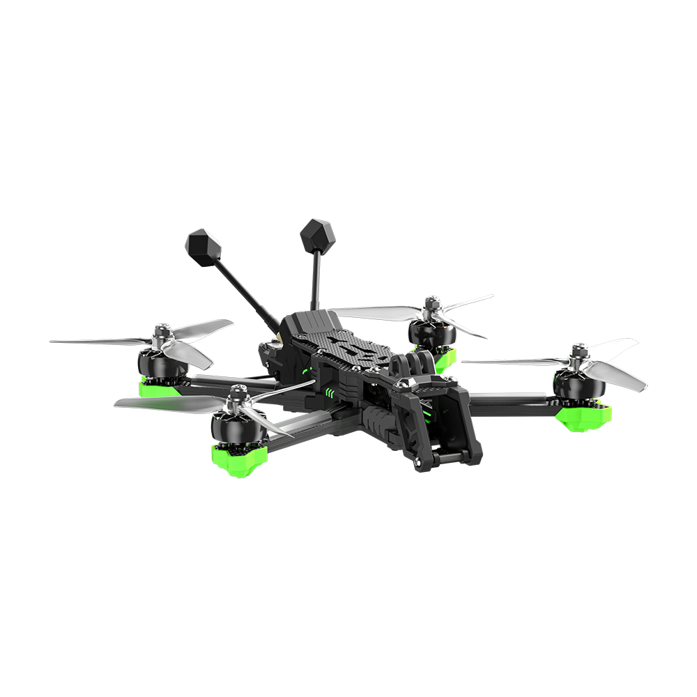 iFlight Nazgul Evoque F5 V3 6S WTFPV, iFlight Nazgul Evoque F5 V3 FPV quadcopter with carbon frame, dual antennas, and green prop guards