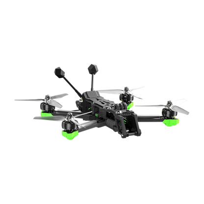 iFlight Nazgul Evoque F5 V3 6S WTFPV, iFlight Nazgul Evoque F5 V3 FPV quadcopter with carbon frame, dual antennas, and green prop guards