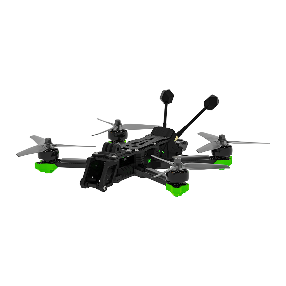 iFlight Nazgul Evoque F5 V3 6S WTFPV, iFlight Nazgul Evoque F5 V3 FPV quadcopter with black frame, grey propellers, green motor guards and dual antennas
