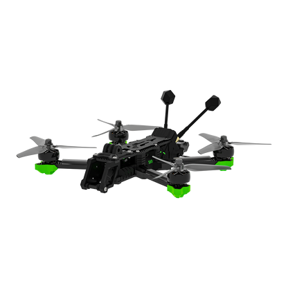 iFlight Nazgul Evoque F5 V3 6S WTFPV, iFlight Nazgul Evoque F5 V3 FPV quadcopter with black frame, grey propellers, green motor guards and dual antennas