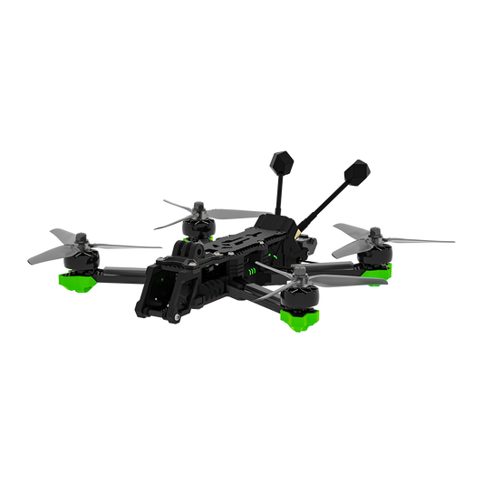 iFlight Nazgul Evoque F5 V3 6S WTFPV, iFlight Nazgul Evoque F5 V3 FPV quadcopter with black frame, grey propellers, green motor guards and dual antennas