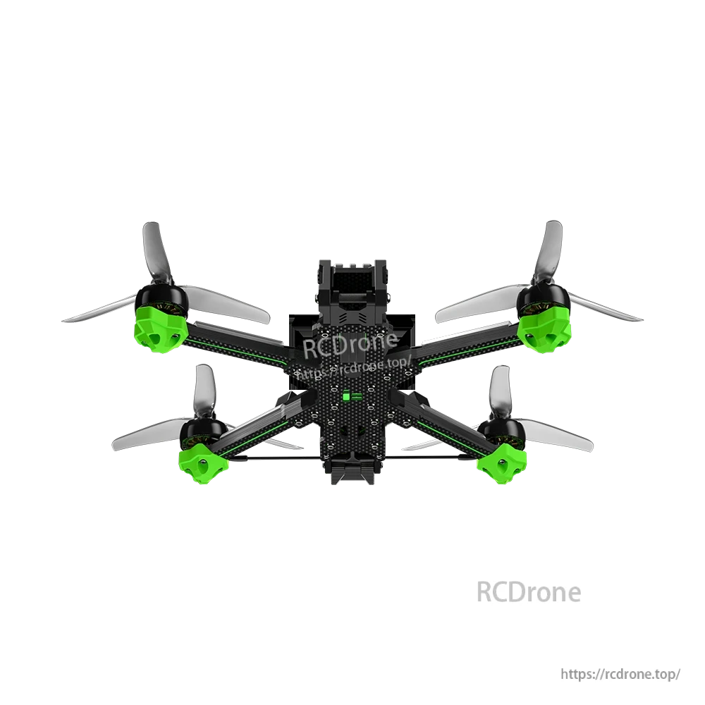 iFlight Nazgul Evoque F5 V3 6S WTFPV, Top view of iFlight Nazgul Evoque F5 V3 FPV quadcopter with carbon frame, four props and green motor guards