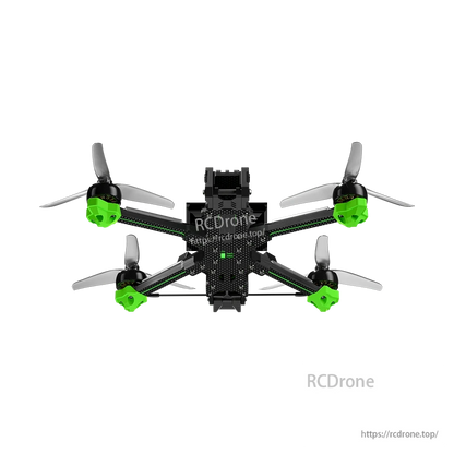 iFlight Nazgul Evoque F5 V3 6S WTFPV, Top view of iFlight Nazgul Evoque F5 V3 FPV quadcopter with carbon frame, four props and green motor guards