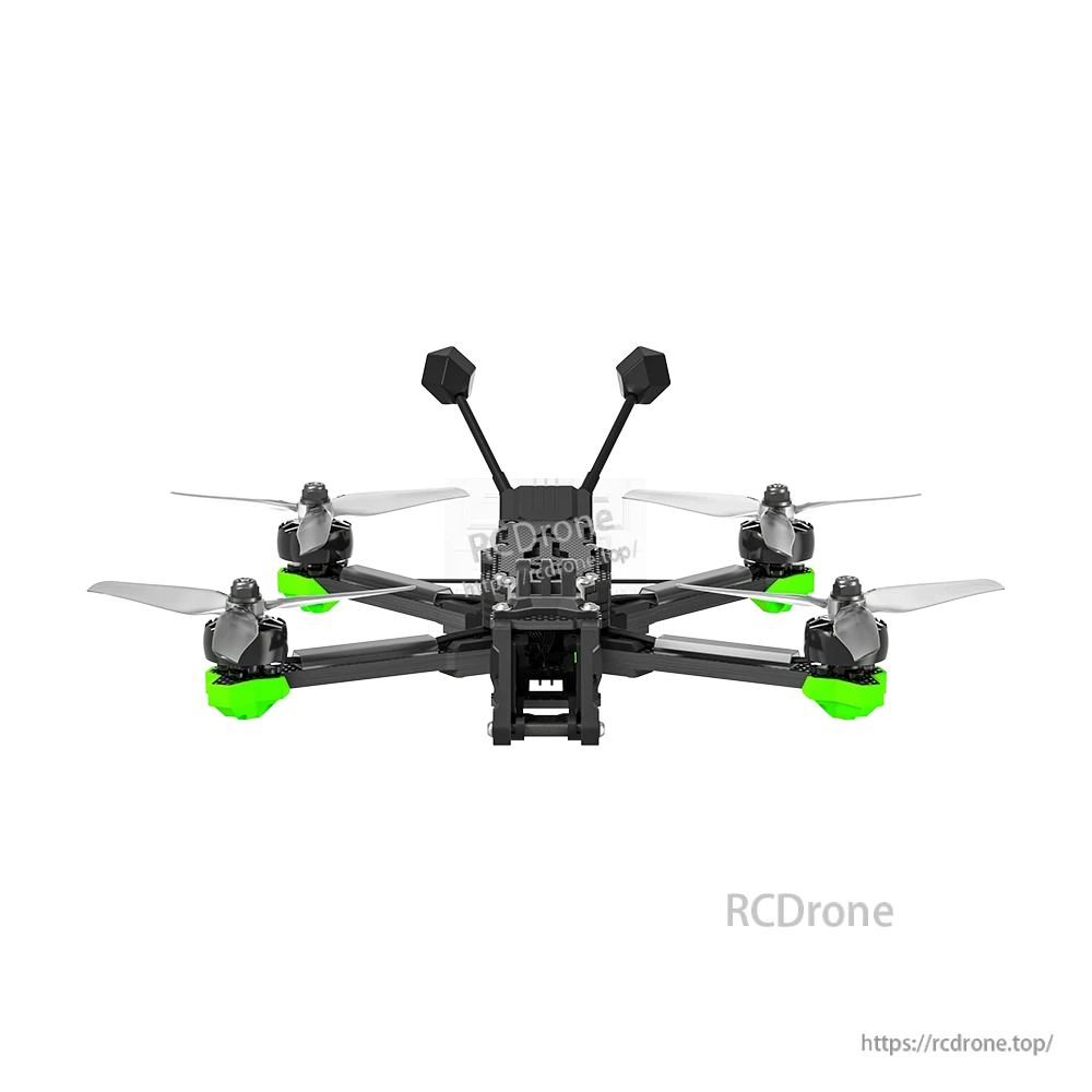 iFlight Nazgul Evoque F5 V3 6S WTFPV, Front view of iFlight Nazgul Evoque F5 V3 FPV quadcopter with four propellers, green arm guards, and dual antennas
