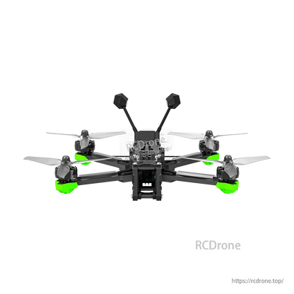 iFlight Nazgul Evoque F5 V3 6S WTFPV, Front view of iFlight Nazgul Evoque F5 V3 FPV quadcopter with four propellers, green arm guards, and dual antennas
