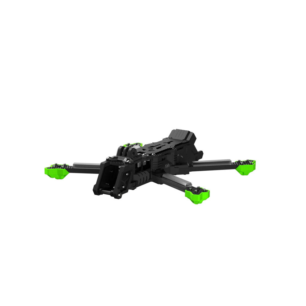 iFlight Nazgul Evoque F5 V3 FPV Frame, iFlight Nazgul Evoque F5 V3 FPV drone frame with black carbon plates, camera cage, and green arm bumpers