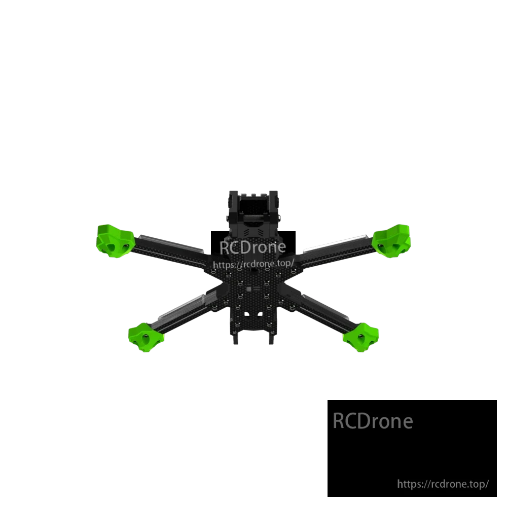 iFlight Nazgul Evoque F5 V3 FPV Frame, Top view of iFlight Nazgul Evoque F5 V3 FPV drone frame with carbon fiber arms and green motor protectors