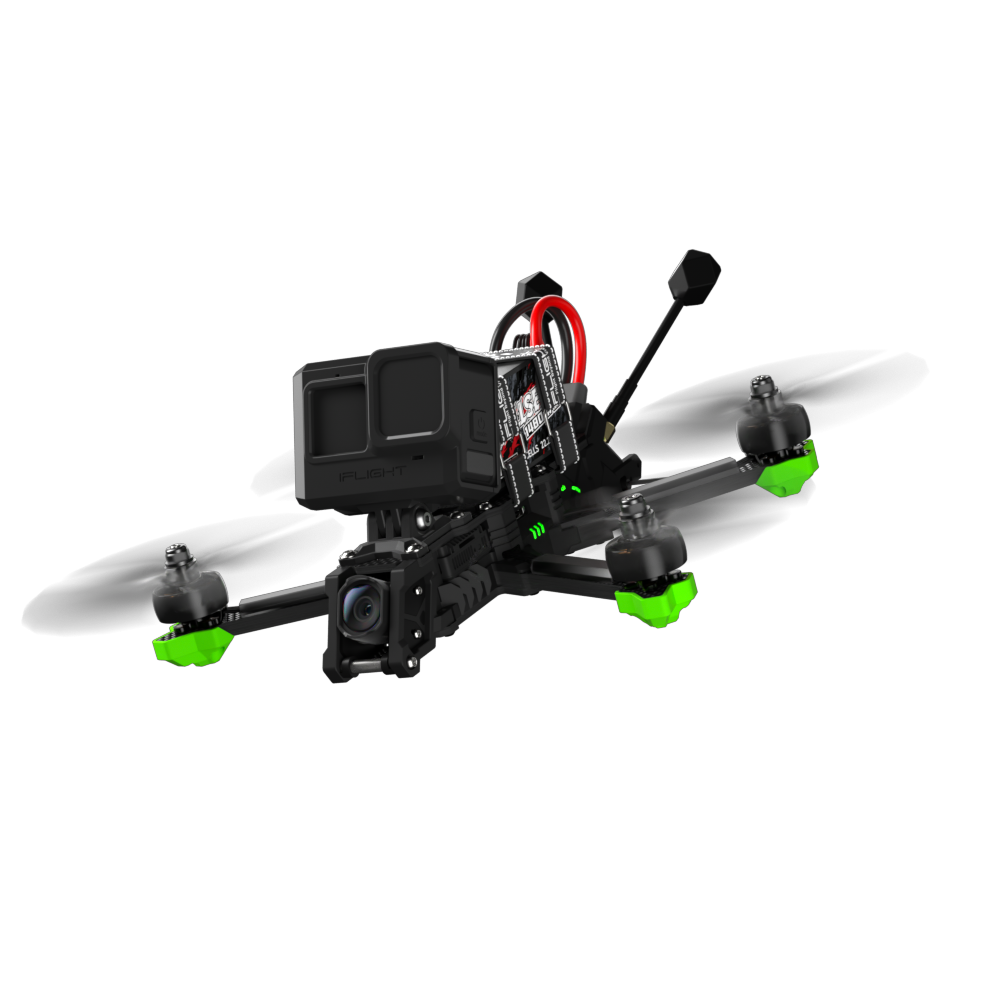 iFlight Nazgul Evoque F5 V3 O4 6S HD FPV, iFlight Nazgul Evoque FPV quadcopter with front camera mount, top action camera, and green motor guards
