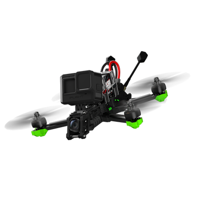iFlight Nazgul Evoque F5 V3 O4 6S HD FPV, iFlight Nazgul Evoque FPV quadcopter with front camera mount, top action camera, and green motor guards