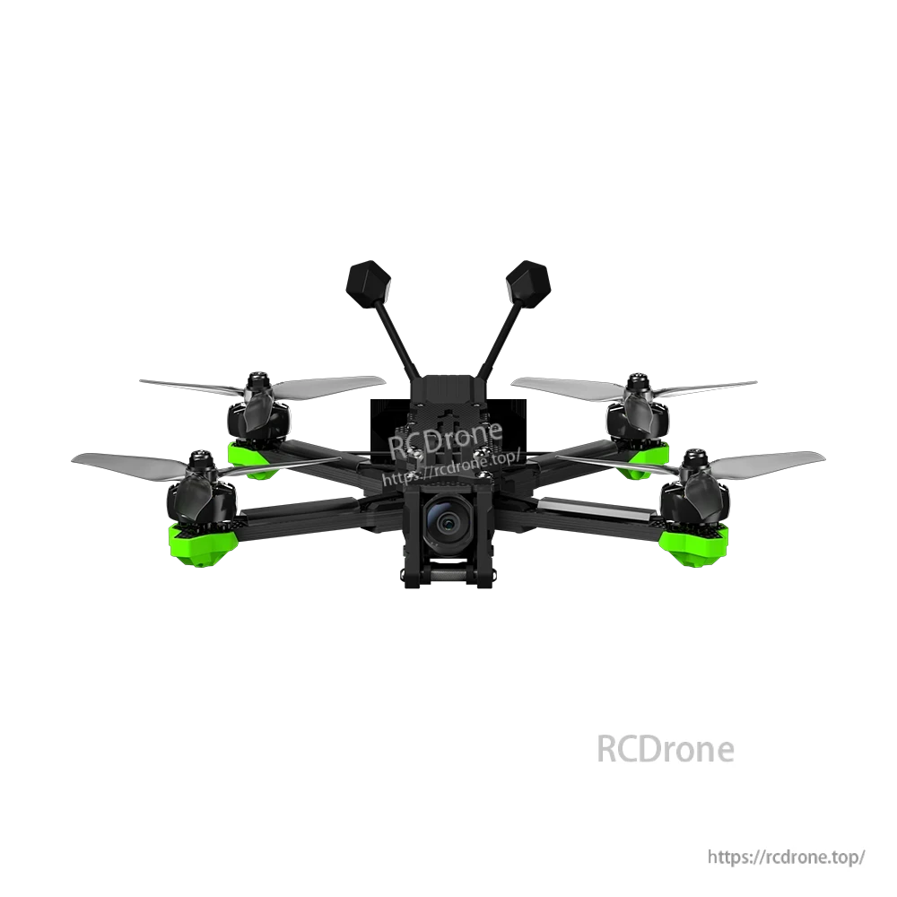 iFlight Nazgul Evoque F5 V3 O4 6S HD FPV, Front view of iFlight Nazgul Evoque F5 V3 FPV quadcopter with four propellers, green motor guards, and front camera