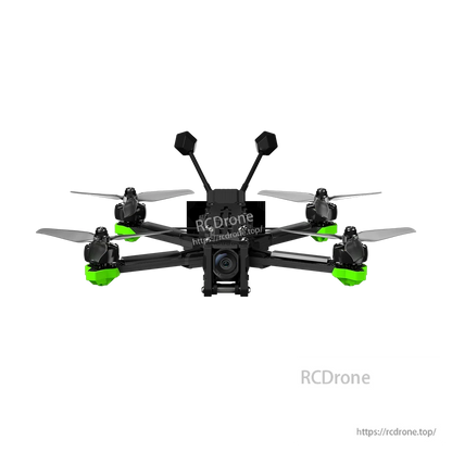 iFlight Nazgul Evoque F5 V3 O4 6S HD FPV, Front view of iFlight Nazgul Evoque F5 V3 FPV quadcopter with four propellers, green motor guards, and front camera