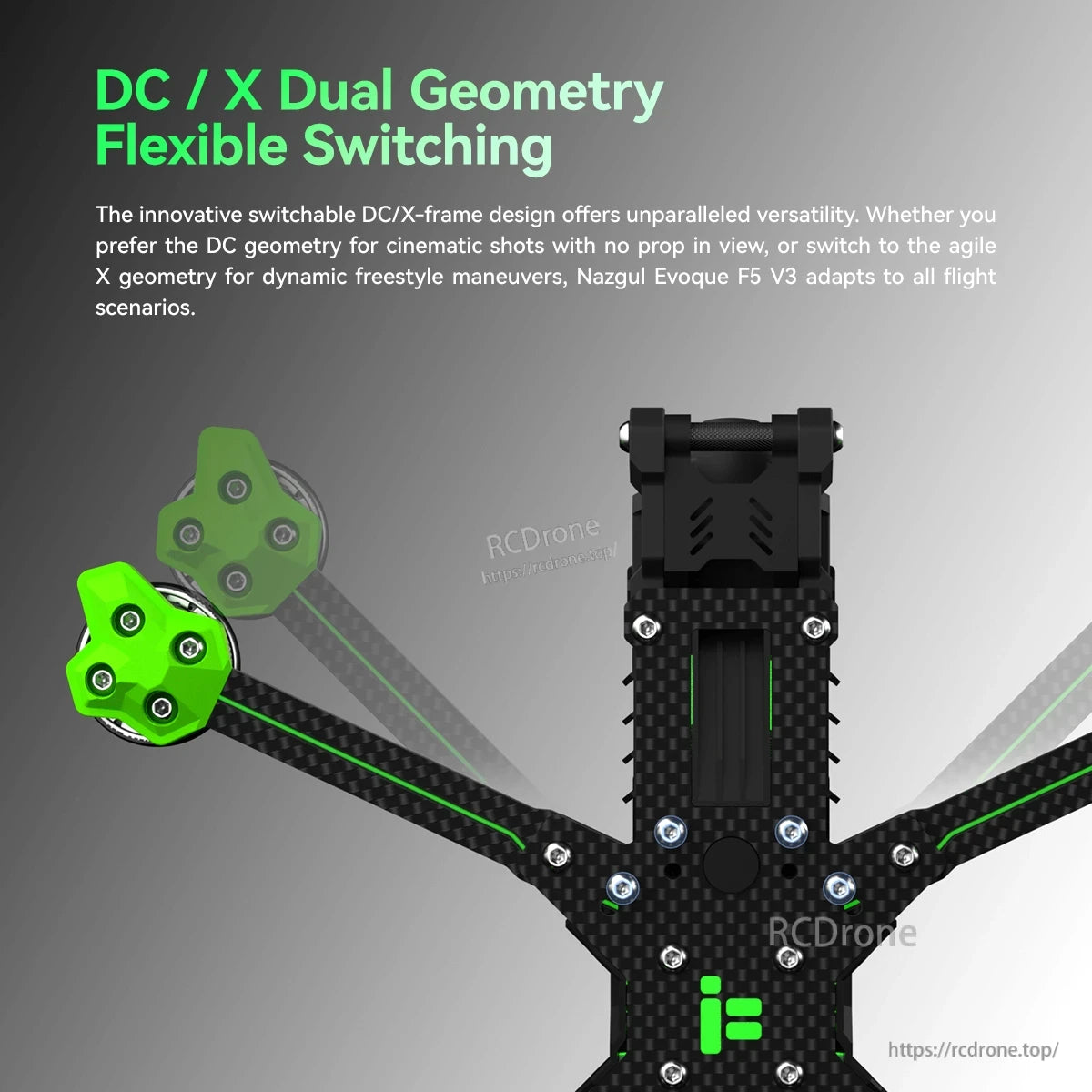 iFlight Nazgul Evoque F5 V3 O4 6S HD FPV, iFlight Nazgul Evoque F5 V3 carbon fiber FPV drone frame showing switchable DC/X dual-geometry arm layout