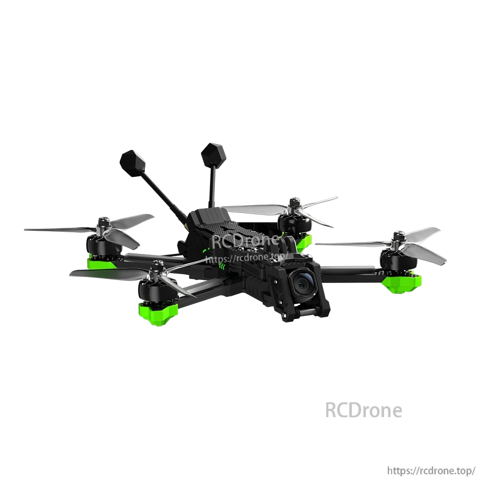 iFlight Nazgul Evoque F5 V3 O4 6S HD FPV, iFlight Nazgul Evoque F5 V3 FPV quadcopter with front camera, dual antennas, and green motor guards