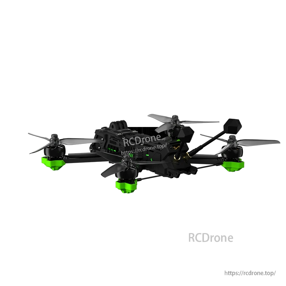 iFlight Nazgul Evoque F5 V3 O4 6S HD FPV, iFlight Nazgul Evoque F5 V3 FPV quadcopter with black frame, four propellers, and green motor guards