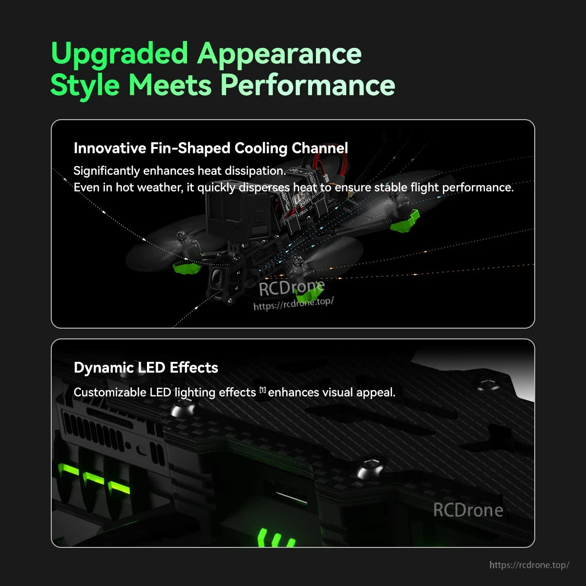 iFlight Nazgul Evoque F5 V3 O4 6S HD FPV, iFlight Nazgul Evoque F5 V3 FPV drone frame detail with fin-shaped cooling channel and green LED lighting
