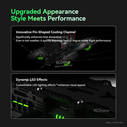 iFlight Nazgul Evoque F5 V3 O4 6S HD FPV, iFlight Nazgul Evoque F5 V3 FPV drone frame detail with fin-shaped cooling channel and green LED lighting