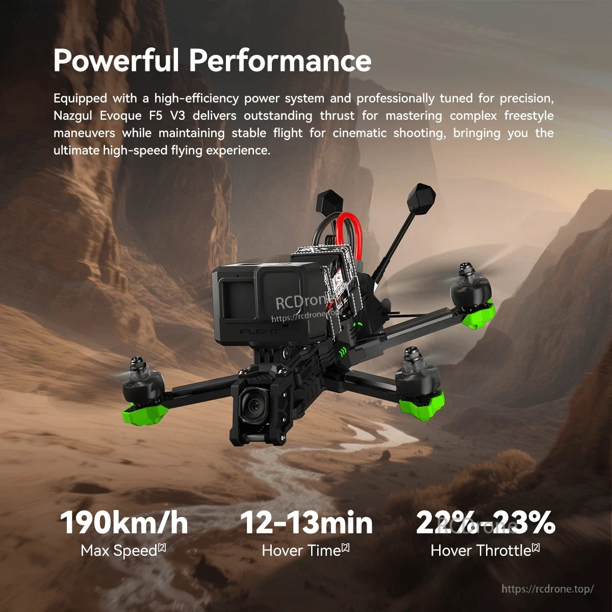 iFlight Nazgul Evoque F5 V3 O4 6S HD FPV, iFlight Nazgul Evoque F5 V3 FPV drone with mounted action camera, plus listed 190km/h max speed and 12–13min hover time