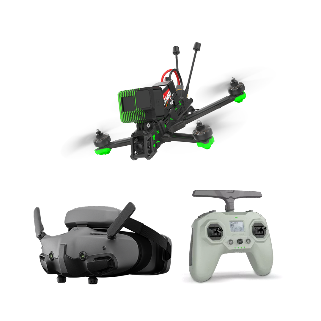 iFlight Nazgul Evoque F6 V2 6S HD FPV drone with FPV goggles and radio controller on white background