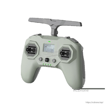 iFlight Nazgul Evoque F6 V2 6S HD FPV, FPV radio transmitter controller with dual sticks, antenna, and small LCD screen showing model selection