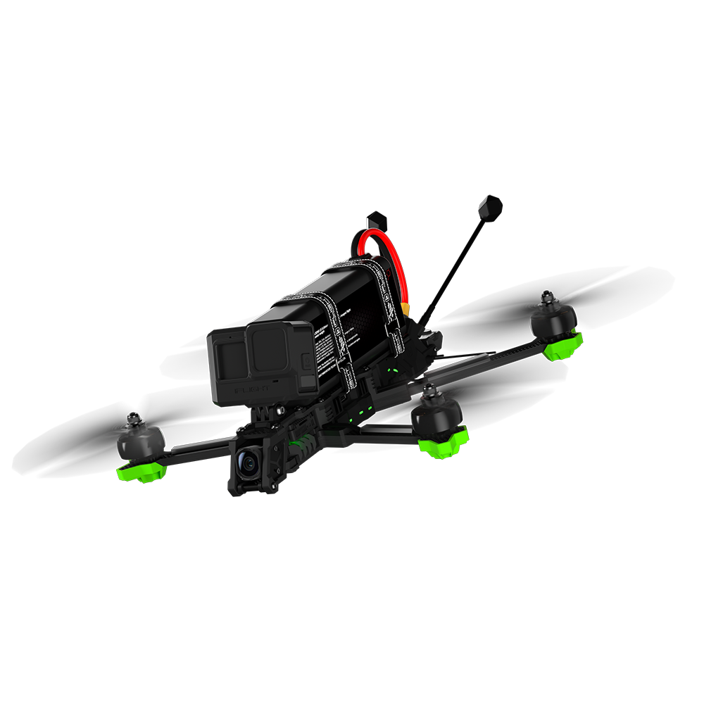 iFlight Nazgul Evoque F7 O4 6S HD FPV, iFlight Nazgul Evoque FPV quadcopter with top-mounted battery strap and HD action camera on the front