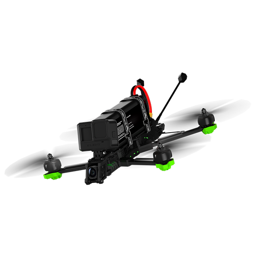 iFlight Nazgul Evoque F7 O4 6S HD FPV, iFlight Nazgul Evoque FPV quadcopter with top-mounted battery strap and HD action camera on the front