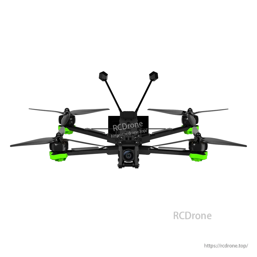 iFlight Nazgul Evoque F7 O4 6S HD FPV, iFlight Nazgul Evoque FPV quadcopter with black frame, front FPV camera, and green motor guards