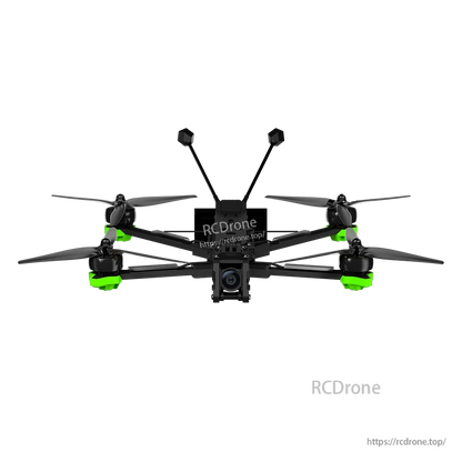 iFlight Nazgul Evoque F7 O4 6S HD FPV, iFlight Nazgul Evoque FPV quadcopter with black frame, front FPV camera, and green motor guards