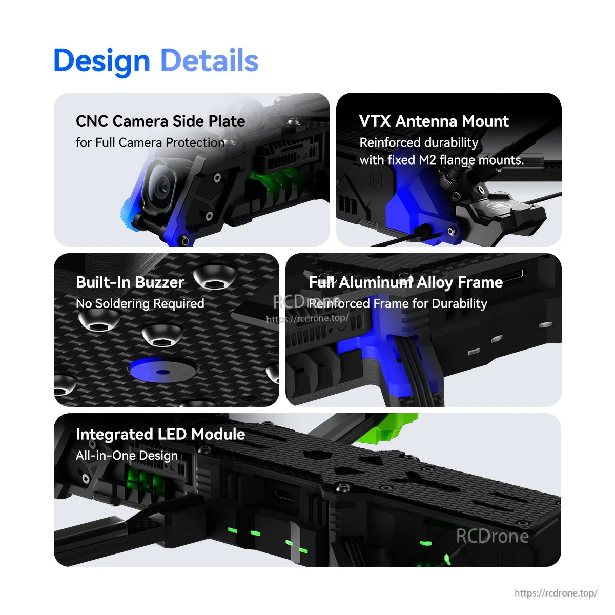 iFlight Nazgul Evoque F7 O4 6S HD FPV, iFlight Nazgul Evoque FPV drone frame details showing CNC camera side plate, VTX antenna mount, buzzer and LED module