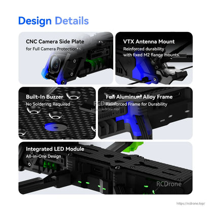 iFlight Nazgul Evoque F7 O4 6S HD FPV, iFlight Nazgul Evoque FPV drone frame details showing CNC camera side plate, VTX antenna mount, buzzer and LED module