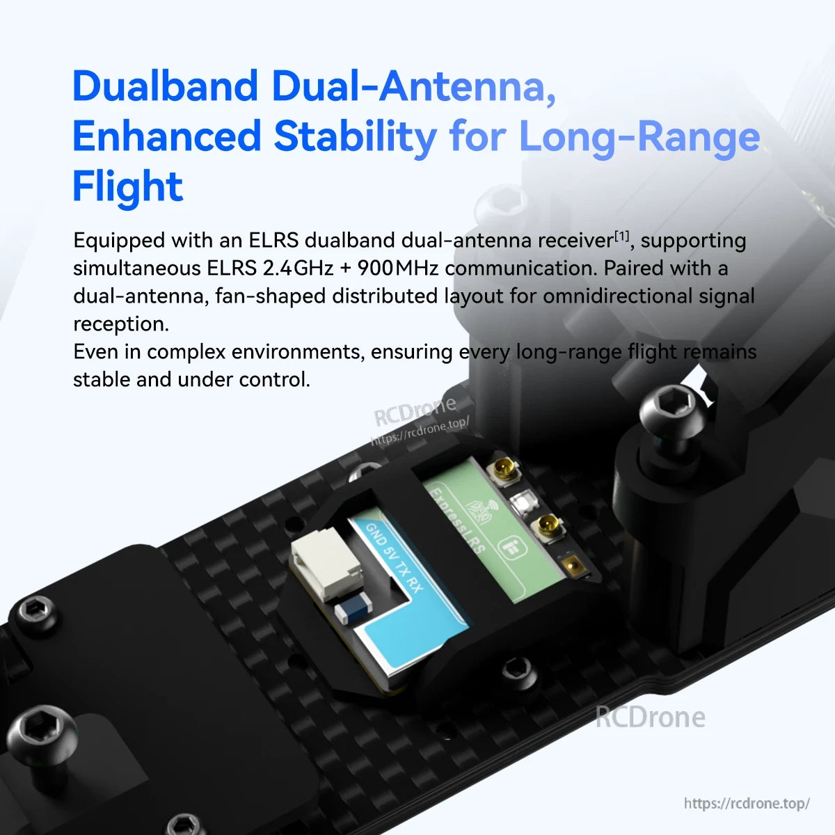 iFlight Nazgul Evoque F7 O4 6S HD FPV, Close-up of ExpressLRS dual-band dual-antenna receiver module on iFlight Nazgul Evoque FPV drone frame
