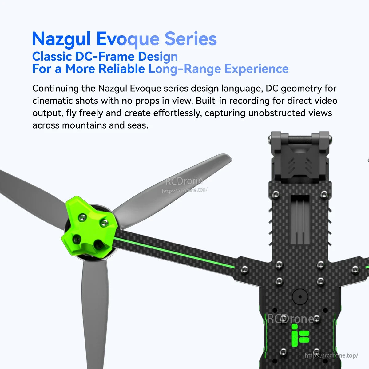 iFlight Nazgul Evoque F7 O4 6S HD FPV, iFlight Nazgul Evoque FPV drone carbon fiber DC frame close-up with propeller and green motor hub